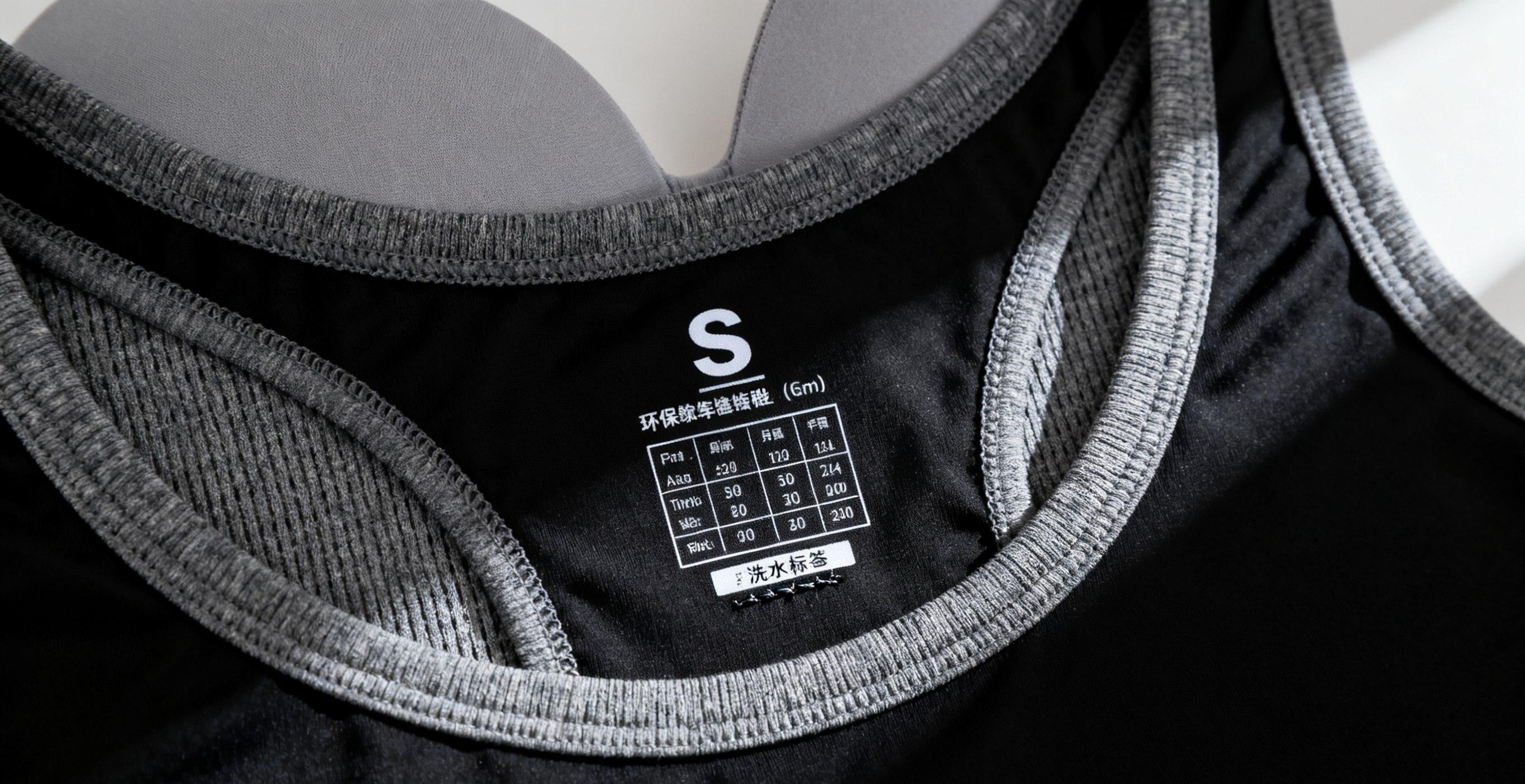 Printed size label inside activewear neckline.